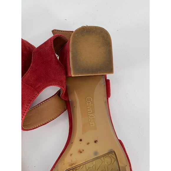 CALVIN KLEIN Women's Red Faux-Suede Open Toe Block-Heel Ankle Strap Sandals SZ 7 - Picture 8 of 9